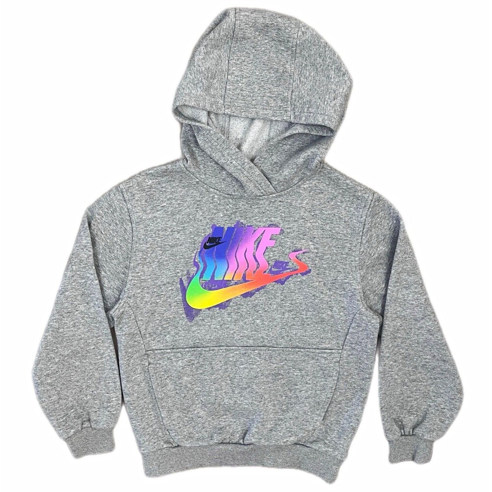 Nike Unisex Kids M Gray Fleece Pullover Hoodie Rainbow Logo Pockets